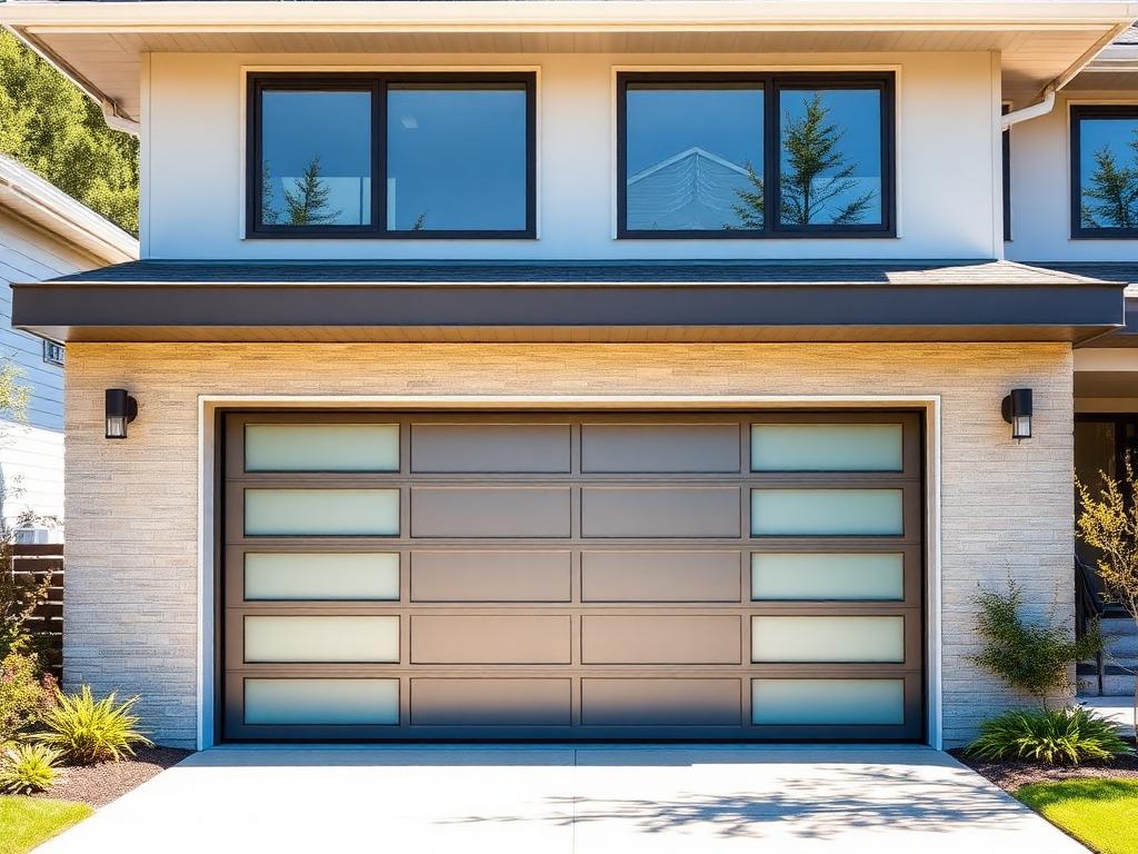 Modern sleek steel garage door with clean lines and frosted glass panels installed on a contemporary home in Norton MA
