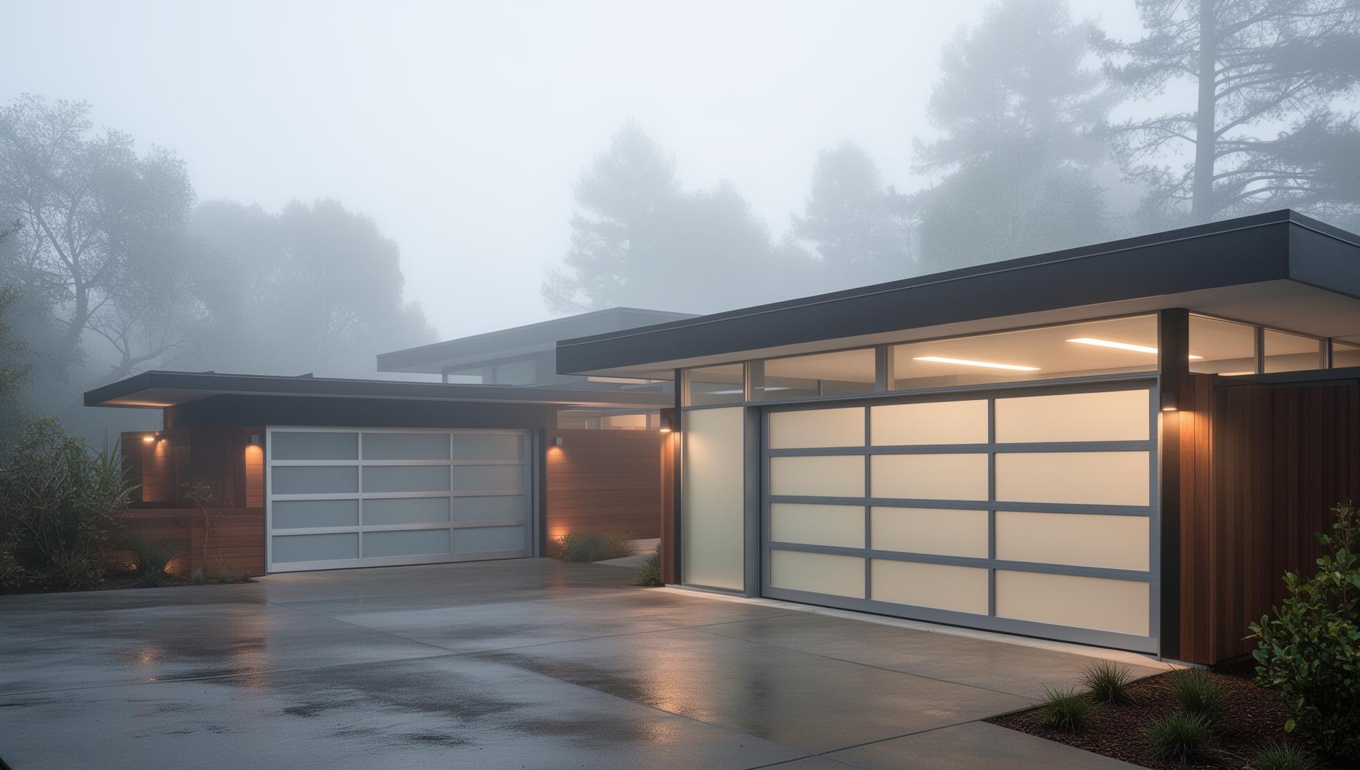 Modern sleek steel garage doors with frosted glass panels on mid-century modern home in Norton MA
